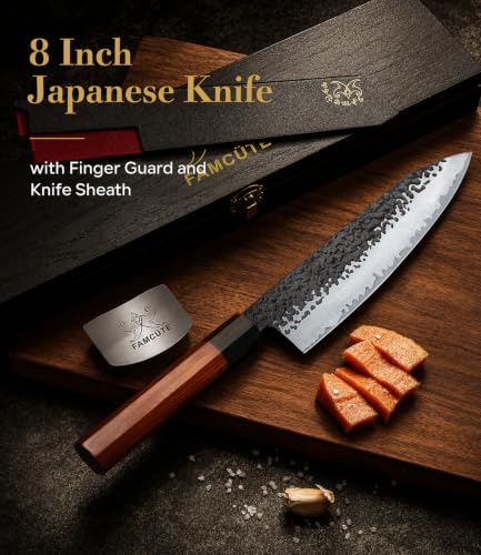 FAMCÜTE 8'' Japanese Knife, Hand Forged Pro Chef Knife with Sandalwood Box - size: 8" Chef Knife+Sandalwood Box
