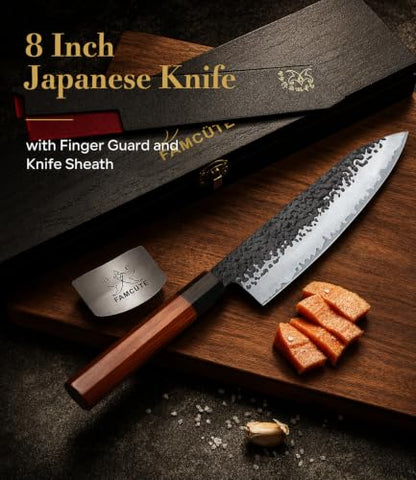 FAMCÜTE 8'' Japanese Knife, Hand Forged Pro Chef Knife with Sandalwood Box - size: 8" Chef Knife+Sandalwood Box