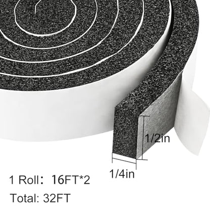 2 Rolls 1/2 Inch W 1/4 T Weather Stripping Air Conditioner Open Cell Foam Seal Tape, Window Insulation High Resilience Seal Strip for Doors Window,Total 32FT - size: 1/2IN*1/4IN*32FT