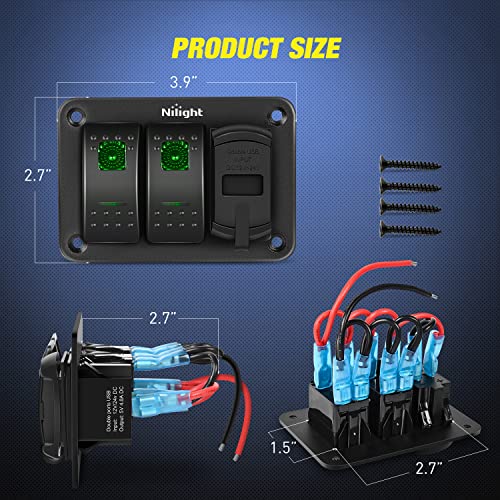 Nilight 2 Gang Rocker Switch Panel with Dual USB Socket Voltmeter - color: Green, size: 3 Gang Dual USB
