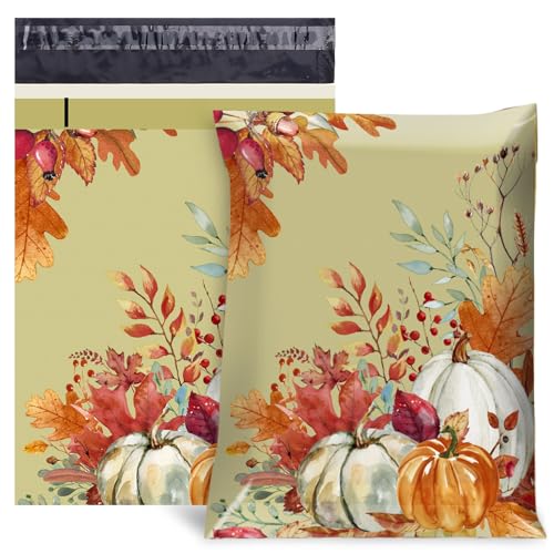 JarThenaAMCS 100Pcs Fall Poly Mailers 10 x 13 Inch Watercolor Autumn Pumpkin Packaging Bags Self Seal Mailing Envelope Bags for Harvest Thanksgiving Small Business Clothing Gift - style: fall pumpkin
