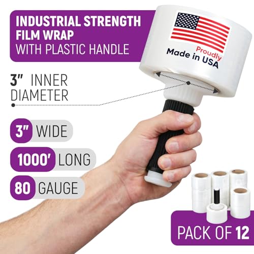 3" x 1000' Industrial Strength Stretch Wrap, Ready to Use Pack of 12 Mini Rolls with one Handle, Clear Plastic Film, 80 Gauge Thick, 500% Elongation – Heavy-Duty Shrink Wrap for Moving, Packing - style: Pack of 12