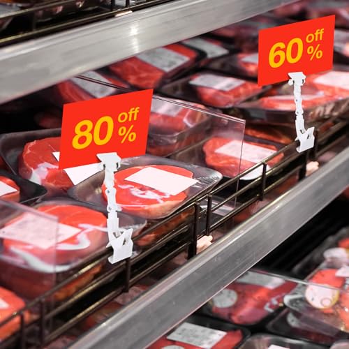 Honeydak White 50 Pcs Sign Holder Clips Bulk for Grocery Retail Display Plastic Shelf Price Sign Clamps Double Sided Swivel Holder with Antislip Padding Rotatable Merchandising Clips for Store - color: White