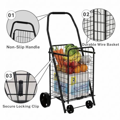 Foldable Shopping Cart with Wheels, Metal Rolling Utility Crate