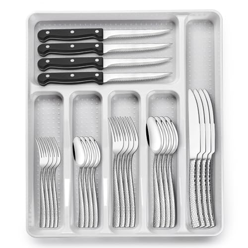 49-Piece Hammered Silverware Set with Organizer, Food-Grade Stainless Steel Flatware for 8, Cutlery Utensil Sets with Steak Knives, Rust-proof, Mirror Polished, Dishwasher Safe, Wave Hammered - style: Wave Hammered