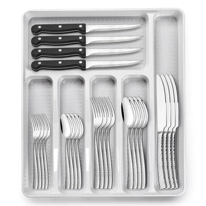 49-Piece Hammered Silverware Set with Organizer, Food-Grade Stainless Steel Flatware for 8, Cutlery Utensil Sets with Steak Knives, Rust-proof, Mirror Polished, Dishwasher Safe, Wave Hammered - style: Wave Hammered