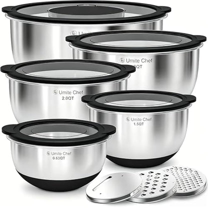 Mixing Bowls with Lids Set - Non-Slip, Airtight Warp-Proof TPR-AS Lids, Thicker Stainless Steel Bowls, Measurement Lines & 3 Graters, Prep Meal Bowl, Black Nesting Bowl for Kitchen, 5/3/2/1.5/0.63QT - color: Black