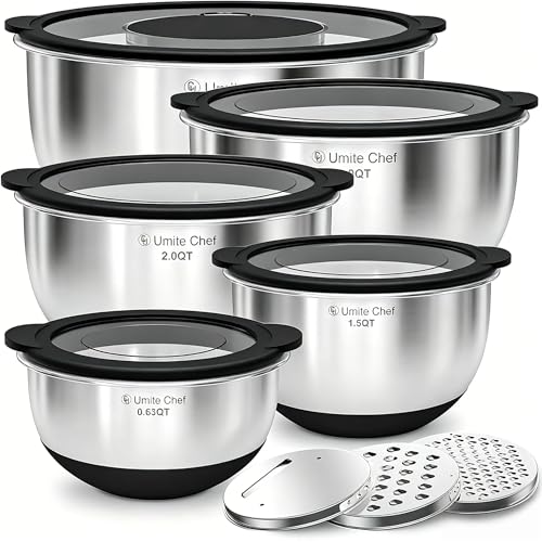 Mixing Bowls with Lids Set - Non-Slip, Airtight Warp-Proof TPR-AS Lids, Thicker Stainless Steel Bowls, Measurement Lines & 3 Graters, Prep Meal Bowl, Black Nesting Bowl for Kitchen, 5/3/2/1.5/0.63QT - color: Black