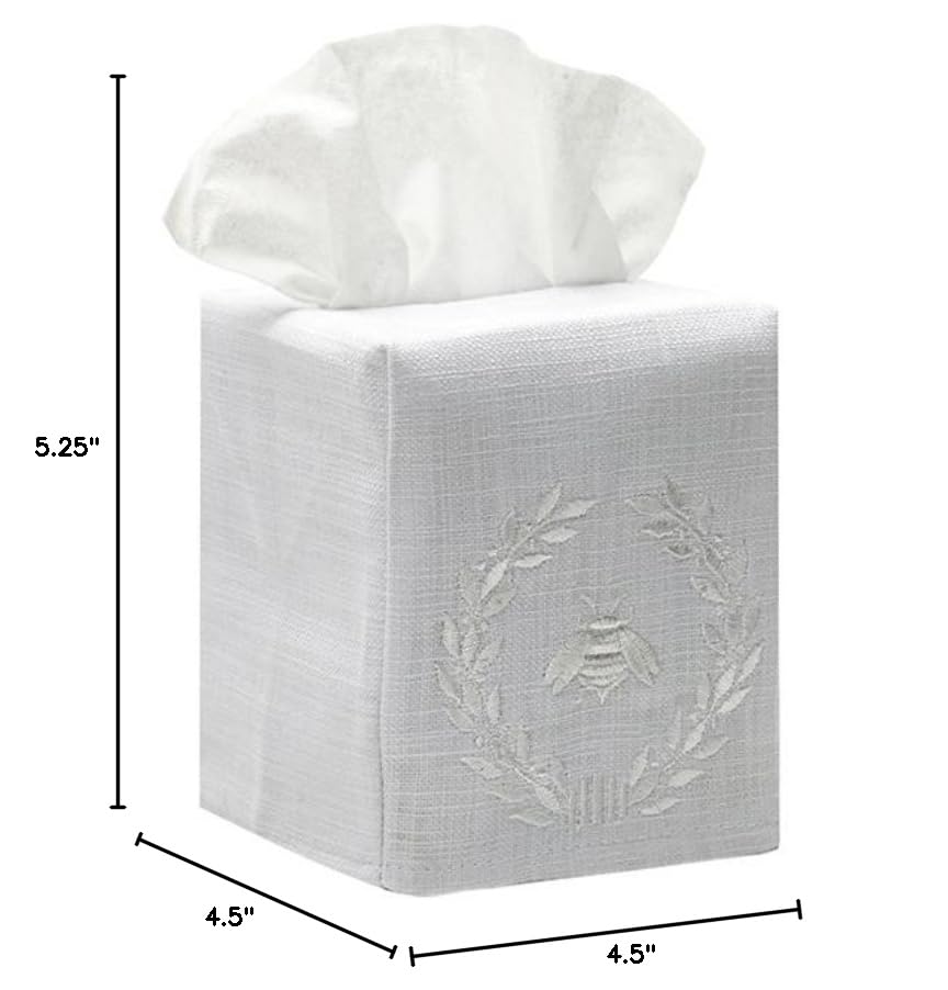 Jacaranda Living Square Tissue Box Cover, Linen/Cotton Fabric Tissue Holder, Decorative Cloth Tissue Cube Cover, Embroidered Bee Designs, Napoleon Bee Wreath (White) - color: Napoleon Bee Wreath (White)