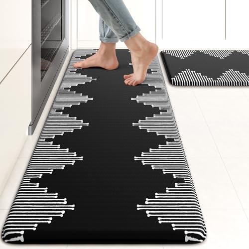 KIMODE Anti Fatigue Kitchen Mats,Black Boho Kitchen Rugs,Standing Desk Mats - color: Black Diamond, size: 17.3" x 47"+17.3" x 29"--0.47 inches
