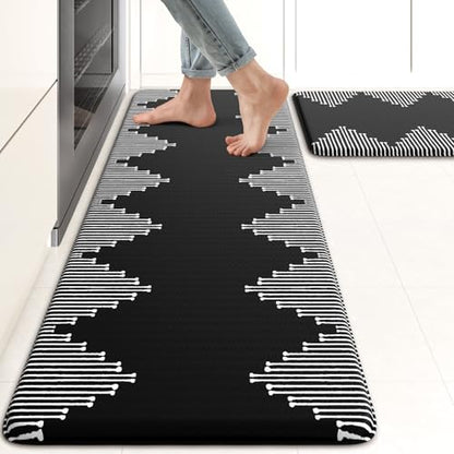 KIMODE Anti Fatigue Kitchen Mats,Black Boho Kitchen Rugs,Standing Desk Mats - color: Black Diamond, size: 17.3" x 47"+17.3" x 29"--0.47 inches