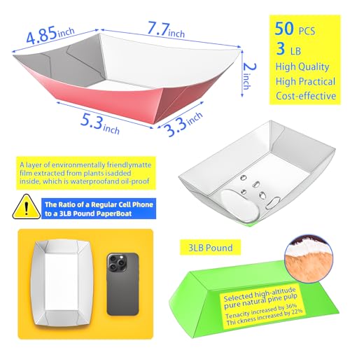 50 Pack Colorful 3LB Paper Food Boat Trays Disposable Paper Boats Plates Containers, Colored Kraft Food Serving Boat Tray Basket for Snack Popcorn Sandwich Burger BBQ Hot Dog Taco Fries Nacho - style: 3LB-50Pack