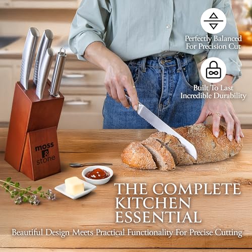 Moss & Stone Small 6 Pcs Kitchen Knife Set with Block, Stainless Steel - color: Stainless Steel, size: 6 Pcs