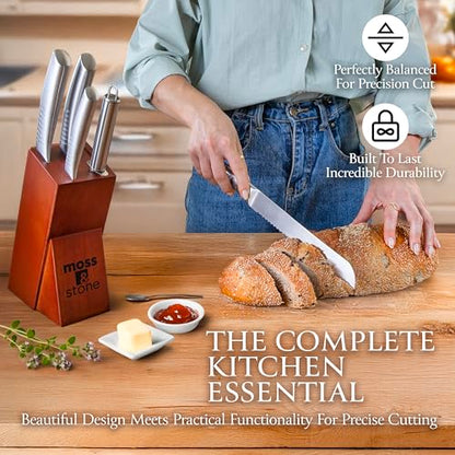 Moss & Stone Small 6 Pcs Kitchen Knife Set with Block, Stainless Steel - color: Stainless Steel, size: 6 Pcs