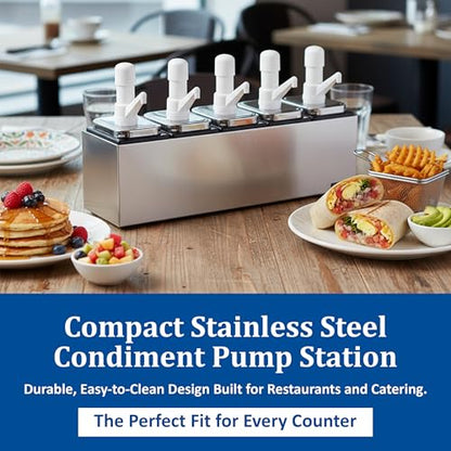 San Jamar P9715 Stainless Steel Condiment Pump Service Center with 5 Wells Black Jars, 24" Length x 7-7/8" Width x 12-1/2" Height - style: 5 Pumps