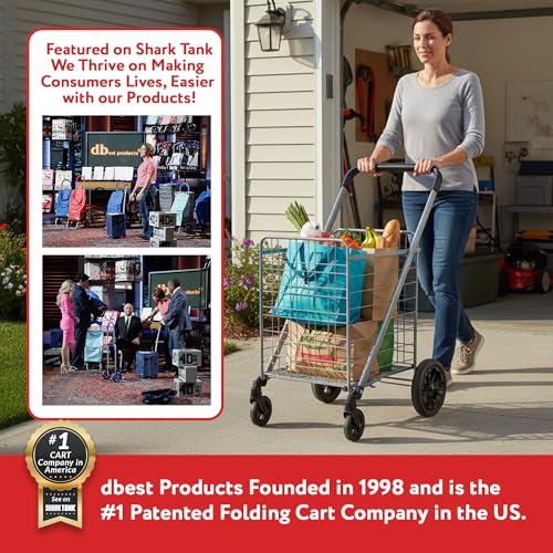 dbest Products Cruiser Cart Deluxe 2 - Foldable Shopping Cart with Wheels & Brake System - Heavy Duty Collapsible Utility Cart for Groceries & Laundry - Holds 100 lbs - Silver, Alloy Steel - color: Silver, style: Deluxe 2