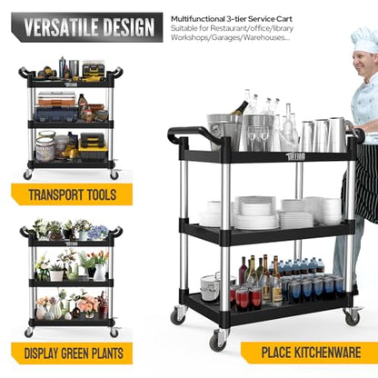 TUFFIOM 3-Tier Plastic Service Utility Cart with Wheels, Heavy Duty 390lbs Capacity, Commercial Rolling Ideal for Restaurant, Foodservice, Office, Warehouse, Black 24.6''L x 15.8''W x 37.4''H - size: Black 24.6''L x 15.8''W x 37.4''H