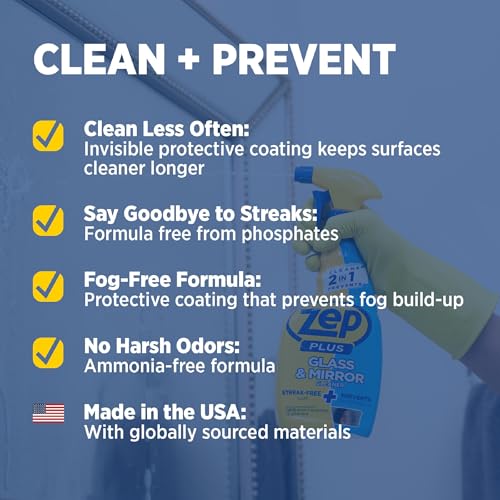 Zep Plus Glass & Mirror Cleaner - 32 Oz. (Case of 12) - R53812 - Keep Your Mirror and Glass Surfaces Clear + Streak-free While Also Preventing Mirror Fog