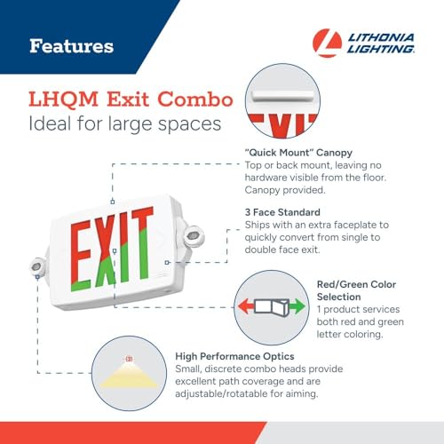 Lithonia Lighting Quantum LED Exit Sign Emergency Light Combo, Exit Sign and Emergency Lights for Business, 2-Head Fixture, Red/Green Selectable Letters, White (LHQM S W RG MVOLT M6) - color: Red/Green Selectable - White, size: 16.5" | Sign & Round Light