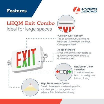 Lithonia Lighting Quantum LED Exit Sign Emergency Light Combo, Exit Sign and Emergency Lights for Business, 2-Head Fixture, Red/Green Selectable Letters, White (LHQM S W RG MVOLT M6) - color: Red/Green Selectable - White, size: 16.5" | Sign & Round Light