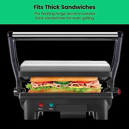 Chefman Electric Panini Press Grill, Compact 2-Slice Sandwich Maker, Non-Stick Coated Plates, Opens 180 Degrees, Dishwasher Safe, Removable Drip Tray, Stainless Steel/Black