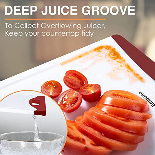 Empune BPA-Free Plastic Cutting Board for Kitchen with Juice Grooves, Extra Large Dishwasher Safe Cutting Boards Set of 4 with Handles, Thick Non-Slip Chopping Board for Meat, Fruit and Chicken, Red - color: Red