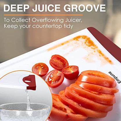Empune BPA-Free Plastic Cutting Board for Kitchen with Juice Grooves, Extra Large Dishwasher Safe Cutting Boards Set of 4 with Handles, Thick Non-Slip Chopping Board for Meat, Fruit and Chicken, Red - color: Red