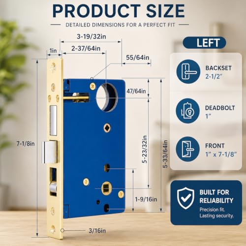 Tandefio 1 Set Double Cylinder Mortise Lock, Left Hand, Brass - color: Brass, style: Left Hand