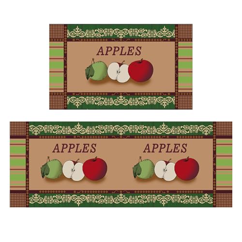 Apple Kitchen Rugs 2 Piece Set for Floor Mat, Non Skid Washable Absorbent Microfiber Apple Kitchen Mat for in Front of Sink for Standing for Home Apple Kitchen Decor 17"X30"+17"X47" - color: Apple Kitchen Mat