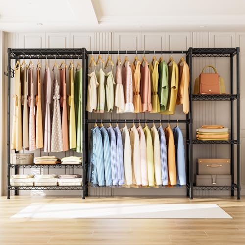 Golpart Heavy Duty Clothes Rack Metal Wardrobe with Adjustable Wire Shelves - color: Black, size: 15.75"D x (70~88.5)"W x 76.5"H