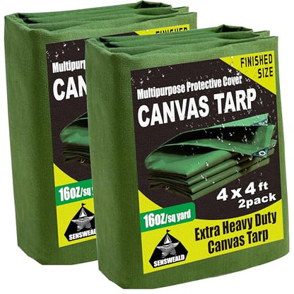 2 Pack 16oz Small Heavy Duty Canvas Tarp 4x4 Feet Water-Resistant - color: 28mil-green, size: 4x4 Feet 2 Pack-Finished size