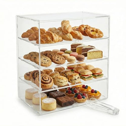 4-Tier Commercial Bakery Display Case, 19.68"x 19.29"x 10.23" Pastry Display Case Countertop Display Cabinet Box for Bread Dessert Food Cookie Baking