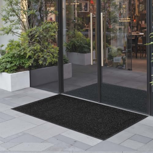 VEVOR Front Door Mat, 5 x 3 ft Commercial Floor Mat for Indoor and Outdoor, Stylish Striped Industrial Carpet with PVC Backing, Heavy Duty Washable Entry Rug for Hallway, Balcony, Garage, Grey - color: Black-grey Striped, size: 5 x 3 ft