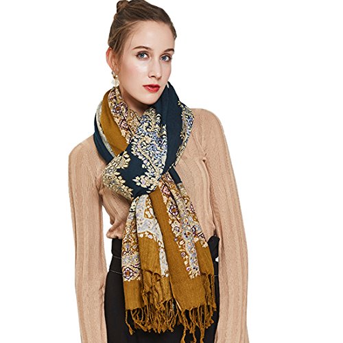 DANA XU 100% Merino Wool Extra Large Pashmina Shawl for Women - color: Navy Yellow Baroque
