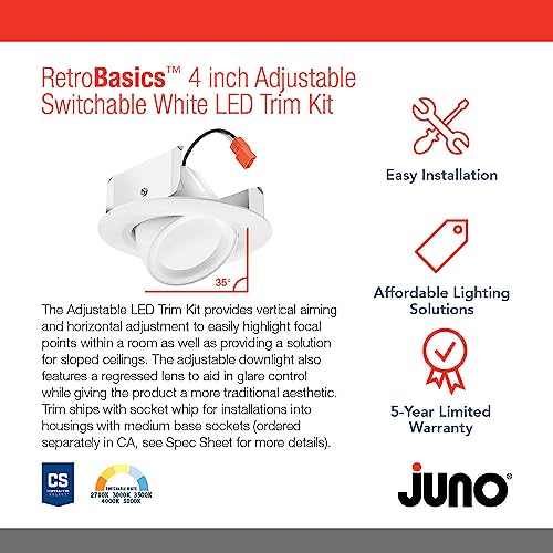 Juno 4 Inch Adjustable LED Recessed Lighting, RetroBasics Series Adjustable Gimbal LED Downlight Trim Kit, 4" Ceiling Light with 5-in-1 Switchable White Color, 700 Lumens, Matte White - color: Switchable White, size: 4-Inch, style: Standard | Adjustable |