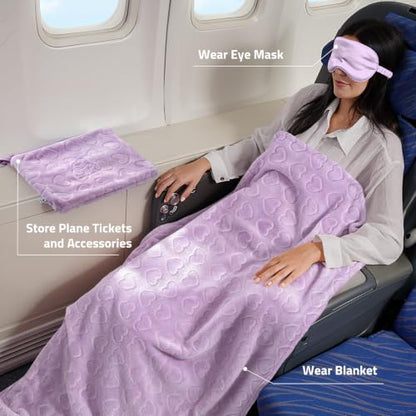 Travel Blanket, Airplane Blanket, Ultra-Soft, Warm & Lightweight, 65x40 in, Outdoor Blanket Essentials for Women, Men & Kids, Included Eye Mask, Luggage Sleeve & Backpack Clip Heart Purple - color: Heart Purple