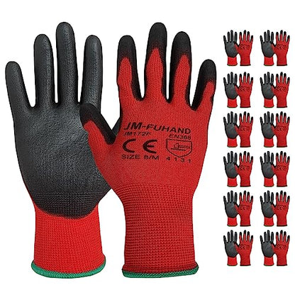 Ultra-Thin Polyurethane Coated Safety Work Gloves, 12 Pairs, Red, Medium - color: Pu Coating (Red), size: Medium