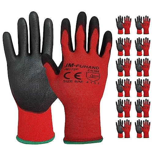 Ultra-Thin PU Coated Safety Work Gloves, 12 Pairs, Red, Large - color: Pu Coating (Red), size: Large