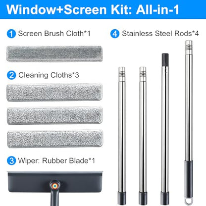 3-in-1 Window Squeegee for Home - 60" Window Cleaning Kit with 3 Microfiber Cloths & Screen Brush, All-in-1 Cleaner Tool for Outdoor Windows, Glass Door & Screens, Lightweight & Easy Storage