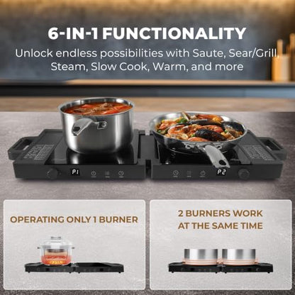 Rosewill Foldable Dual Induction Cooktop Burner, 1800W Portable Double Burner with 8 Cooking Modes & 9-Hour Timer, Auto Shutoff, Electric Stove for Home, Dorms, RVs, Small Kitchen - Black - color: Black
