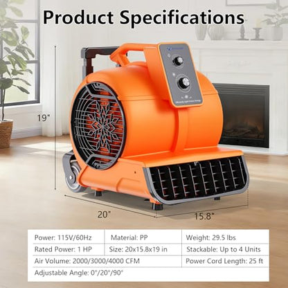 Air Mover 1 HP 4000 CFM Portable Blower Fan Carpet Dryer, Floor Dryer Fan - color: Orange