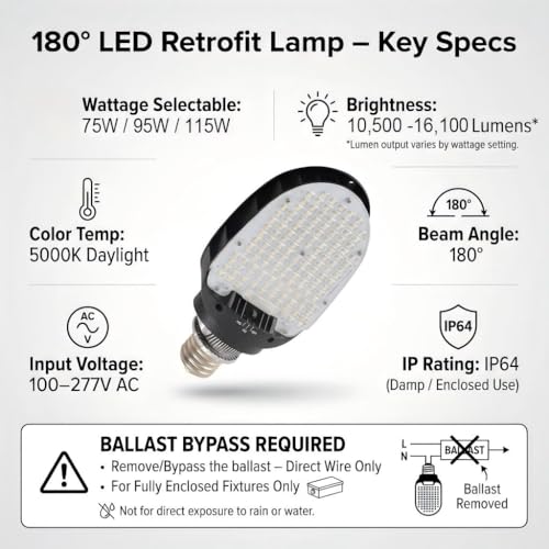 LED Shoebox Retrofit Lamp, 75/95/115W Selectable, 5000K, Rotatable E39 Base