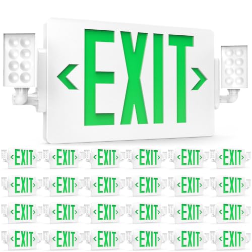 Sunco 24 Pack Green LED Exit Sign with Emergency Lights, Two Adjustable Head Lights, Backup Battery, 94V-0 Fire Resistant, 120-277V, Wall or Ceiling Mount, Commercial Grade, UL - size: 24 Pack