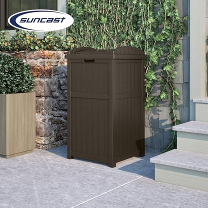 Suncast Trash Hideaway Durable Plastic Outdoor Garbage Waste Trash Can with Lid for 30 to 33 Gallon Trash Bags, Java Brown (2 Pack)