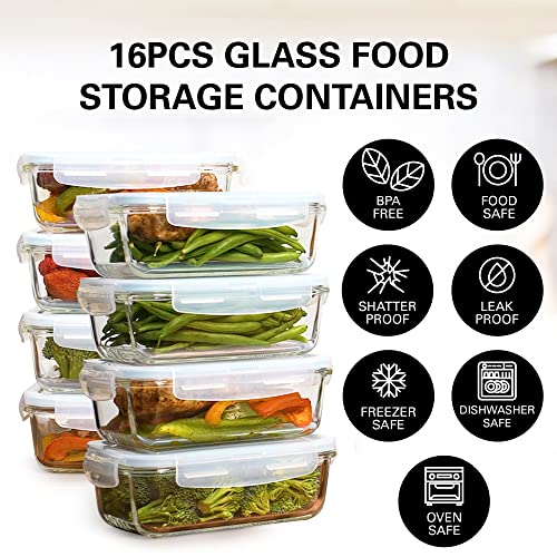 Razab 16 Pc (Set of 8) 30 Oz Glass Meal Prep Containers with Lids, Airtight Large Glass Food Storage Containers, Reusable Leak Proof BPA Free, Freezer to Oven and Dishwasher Safe - color: Blue