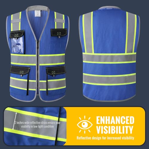 JKSafety Safety Vest for Men Women Hi Vis with Pockets and Cushioned Collar Construction Vest Meet ANSI Standard (BX360) - color: Blue, size: Large
