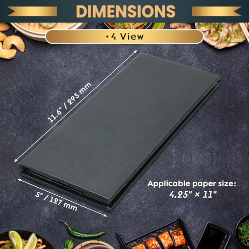 12 Pack 4 View Menu Holder Menu Covers 4.25" x 11" | Black Leather Menu Sleeves Book Style for Restaurant Coffee Bars Wine List - size: 4 View