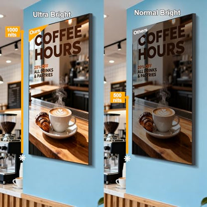 32Inch Wall Mount Digital Signage, 1000nits High Brightness Slim Frameless Advertising Display, Touchscreen Commerical Display LCD Monitor with CMS/U-Disk Plug&Play, Split Screen, 7/24 Timer switch