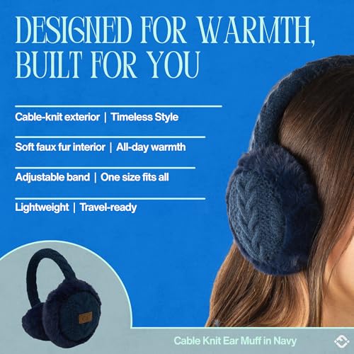 Funky Junque Women’s Winter Earmuffs - Cable Knit & Sequin - color: Cable Knit - Navy