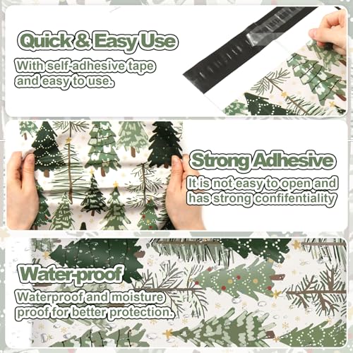 JarThenaAMCS 100Pcs Christmas Poly Mailer 10 x 13 Inch Green Xmas Tree Packaging Bags Forest Woodland Self Seal Mailing Envelope Bags for Winter Small Business Clothing